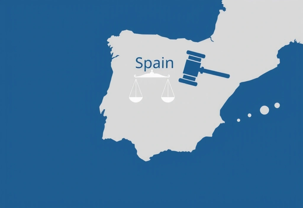 Map of Spain highlighted with legal symbols
